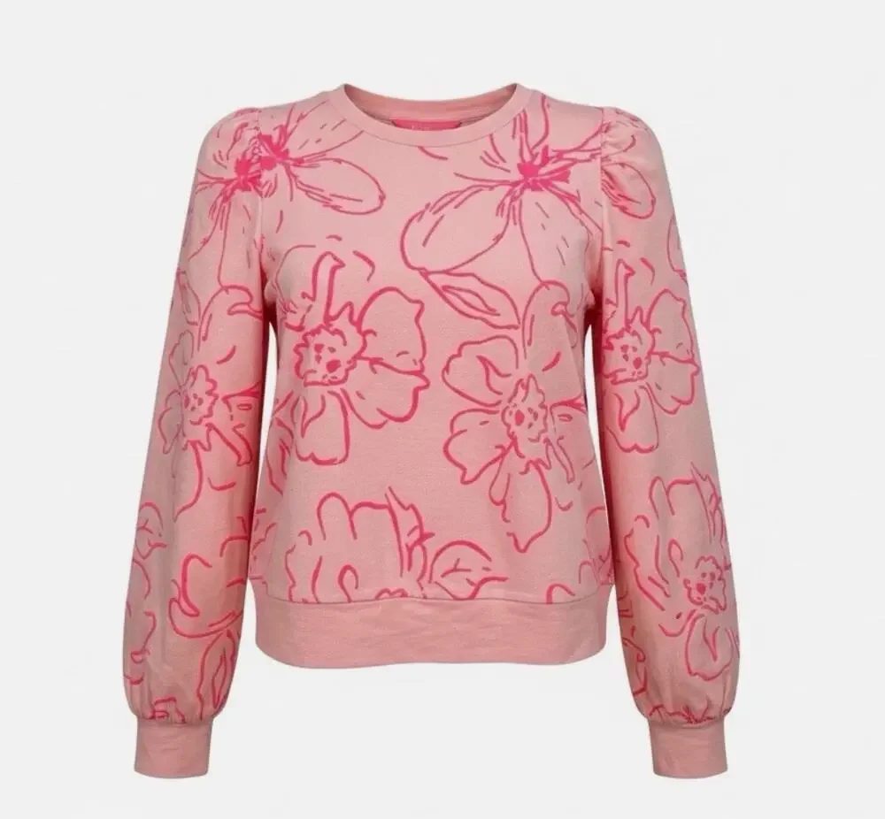 Lilly Pulitzer Lissome Rose Sweatshirt L NWOT Pink Floral Top Blouse Puff Sleeve